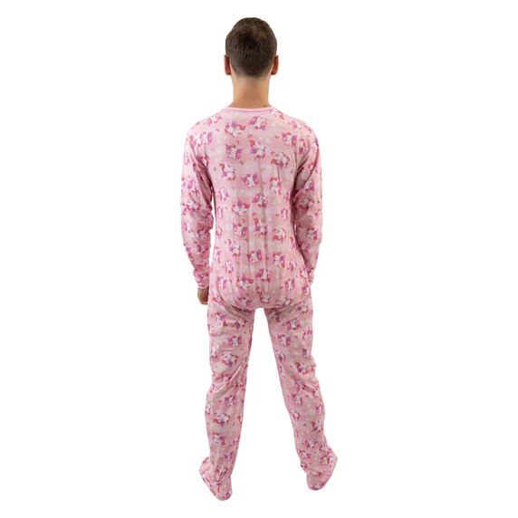 Adult Footed Jammies on male model, back-view.