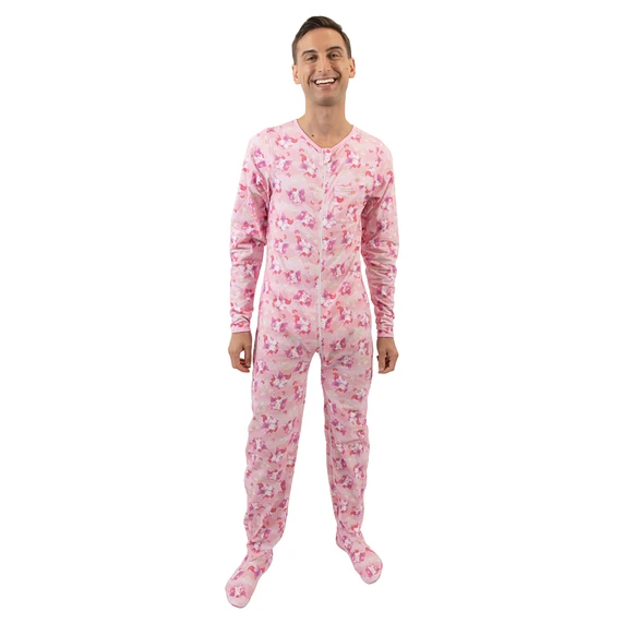Adult Footed Jammies on male model, front-view.