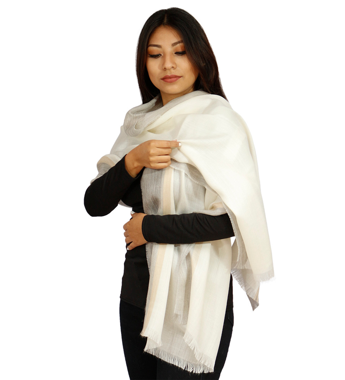 Woven Baby Alpaca Wool Shawl Wrap For Women Heavenly Soft And Warm Ecoline  No Dyes Natural Colors Satin Tricolor Design