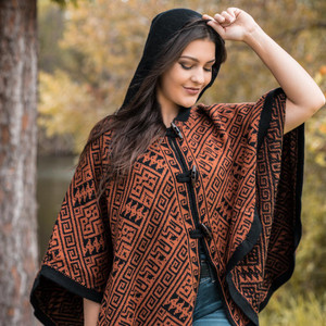Women's Alpaca Wool Hooded Knitted Yarn Cape Cloak Poncho - Wooden Buttons