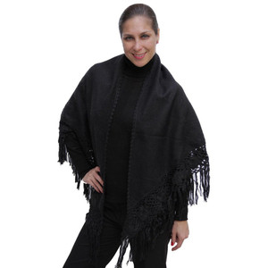 Extra Long and Wide Alpaca Wrap/Shawl with Handmade Fringe, Black