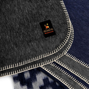 Alpaca Wool Thick Military Banderita Blanket Ethnic Design Travel Size Navy Blue/Soft Gray