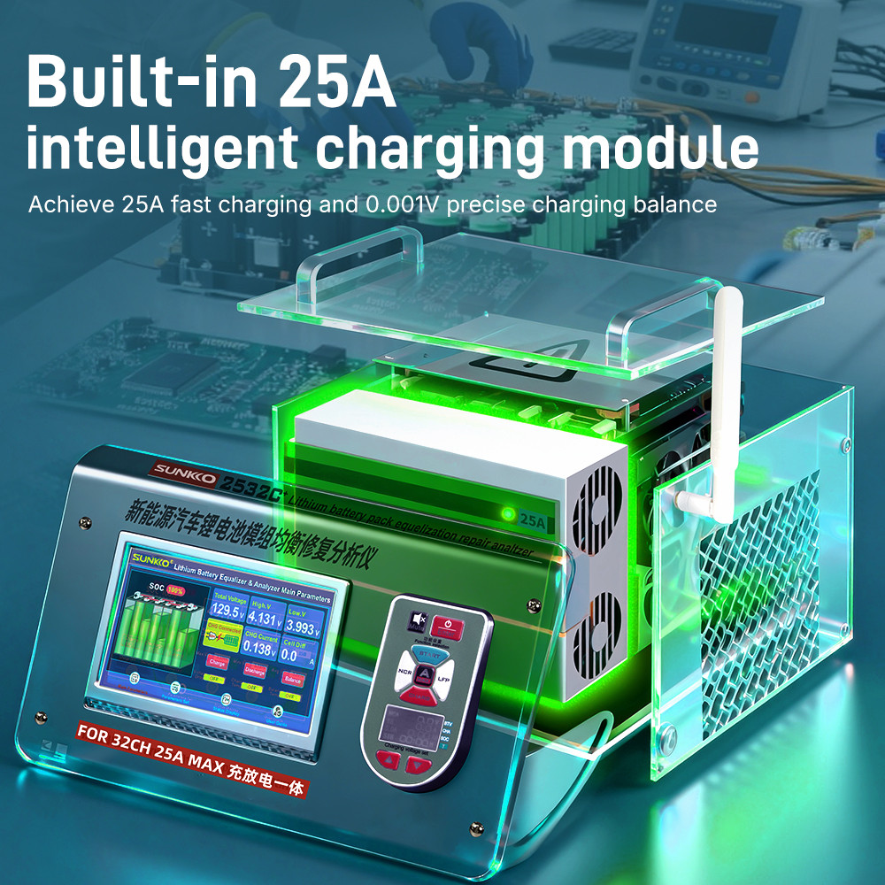 SUNKKO D2532C+ New Energy Vehicles Battery Equalizer 2~32S 25A Battery Tester Charge/Discharge Voltage Balancer for Car/UAV/PES Maintenance WIFI Connect