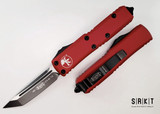 Microtech UTX-85 T/E OTF Auto - Black Coated Bohler M390 Tanto Edge Blade - Red 6061-T6 Aluminum Handle Chassis - Black Tip-Down Pocket Clip & Hardware - Thumb Slide Double-Edge Out the Front Automatic | Made in USA
