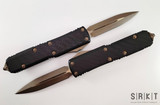 Microtech UTX-85 D/E OTF - Bronze Apocalyptic Bohler M390 Blade - Carbon Fiber Top and Black Aluminum Bottom Handle - Bronze APOC Pocket Clip & Hardware