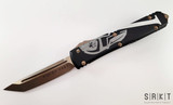 Microtech Ultratech T/E OTF Molon Labe Signature Series – Bronze Apocalyptic Tanto Edge Blade w/ Molon Labe Print – Black Aluminum Handle w/  Spartan Helmet Print – Bronze Clip and Hardware 