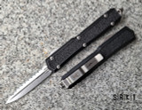 Microtech Makora Signature Series D/E OTF Auto - Stonewash Double Edge 1-Side Fully Serrated Dagger Blade - Black 6061-T6 Aluminum Handle w/ Black M3 Traction Grip Tape Inlay - Thumb Slide Double-Action Out the Front Automatic | Made in USA