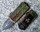 Microtech Signature Series Outbreak Exocet D/E OTF Auto - Gray Apocalyptic Dagger Blade - Green 6061-T6 Aluminum Chassis w/ Red Splatter - Gray Pocket Clip & Hardware - Thumb Slide Double-Action Out the Front Automatic | CA Legal | Made in USA