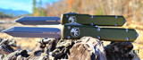 Microtech Ultratech Spartan OTF Auto - Stonewash Apocalyptic Bohler M390 Spartan Point Blade - OD Green 6061-T6 Aluminum Handle Chassis - APOC Tip-Down Pocket Clip & Standard Hardware - Thumb Slide Double-Action Out the Front Automatic | Made in USA (223-10APOD)