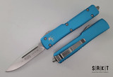 Microtech UTX-70 S/E OTF Auto - Stonewash Bohler M390 Single Edge Drop Point Blade - Turquoise 6061-T6 Aluminum Handle Chassis - Standard Blasted Tip-Down Pocket Clip & Hardware - Thumb Slide Double-Action Out the Front Automatic | Made in USA