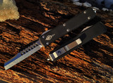 Microtech Signature Series Hellhound Ultratech Razor - Stonewash Single Edge Straight Razor Blade - Black 6061-T6 Aluminum Handle Chassis w/ Marfione Logo - Tip-Down Pocket Clip - Thumb Slide Double-Action Out the Front Automatic | Made in USA