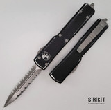 Microtech UTX-70 D/E OTF Auto - Apocalyptic Bohler M390 Two-Side Fully Serrated Dagger Blade - Distressed Black 6061-T6 Aluminum Handle Chassis - APOC Tip-Down Pocket Clip & Hardware - Thumb Slide Double-Action Out the Front Automatic | Made in USA