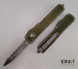 Microtech UTX-70 D/E OTF Auto - Apocalyptic Bohler M390 2-Side Fully Serrated Double Edge Dagger Blade - Distressed OD Green 6061-T6 Aluminum Handle Chassis - Tip-Down Pocket Clip - Thumb Slide Double-Action Out the Front Automatic | Made in USA