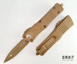 Microtech Combat Troodon D/E Cerakote 142-1CTA - Fully Tan Cerakote Coated Bohler M390 Double Edge Dagger Blade & 6061-T6 Aluminum Handle Chassis w/ Tan Tip-Down Pocket Clip & Hardware - 3.75" Blade Double-Action Out the Front Automatic | Made in USA