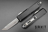 Microtech UTX-85 Gen IV - T/E OTF Auto - Stonewash M390MK Tanto Edge Blade - Black 6061-T6 Aircraft Aluminum Handle Chassis -Titanium Tip-Down Pocket Clip & Hardware - Thumb Slide Double-Action Out the Front Automatic | Made in USA