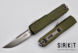 Microtech UTX-85 Gen IV - S/E OTF Auto - Stonewash M390MK Single Edge Blade - OD Green 6061-T6 Aircraft Aluminum Handle Chassis -Titanium Tip-Down Pocket Clip & Hardware - Thumb Slide Double-Action Out the Front Automatic | Made in USA