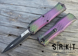 Microtech Hera II Mini Bayonet OTF 1701M-1PUX51S- Black Stonewash Double Edge Bayonet Blade - Purple & Green 6061-T6 Aluminum Handle Scales - Milled Titanium Ball Bearing Pocket Clip & Hardware - Thumb Slide Double-Action OTF Automatic | Made in USA