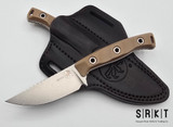 Microtech Akris Fixed Blade 95-10DE-1 - Stonewash Bohler M390MK 3.7" Blade & Dark Earth G-10 Handle Scales over Full-Tang - Custom Made Dark Chocolate Leather Sheath | Made in USA