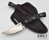 Microtech Akris Fixed Blade 95-10BK-1 - Stonewash Bohler M390MK 3.7" Blade & Black G-10 Handle Scales over Full-Tang - Custom Made Dark Chocolate Leather Sheath | Made in USA