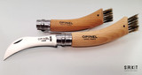 Opinel No. 08 Mushroom Knife - Satin 12C27 Stainless Steel Hawkbill Blade - Varnished Beechwood Handle - Nail Nick Manual Folder w/ Virobloc Safety Ring Lock - Natural Boars Hair Brush