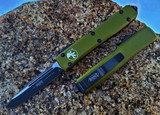 Microtech Ultratech S/E OTF Auto - Black Coated Bohler M390 Single Edge Drop Point Blade - OD Green 6061-T6 Aluminum Handle Chassis - Black Tip-Down Pocket Clip & Hardware - Thumb Slide Double-Action Out the Front Automatic | Made in USA