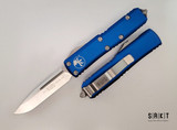 Microtech UTX-85 S/E OTF Auto - Satin Bohler M390 Drop Point Blade - Blue Aluminum Handle - Stainless Pocket Clip & Hardware - Thumb Slide Double-Action Out the Front Automatic