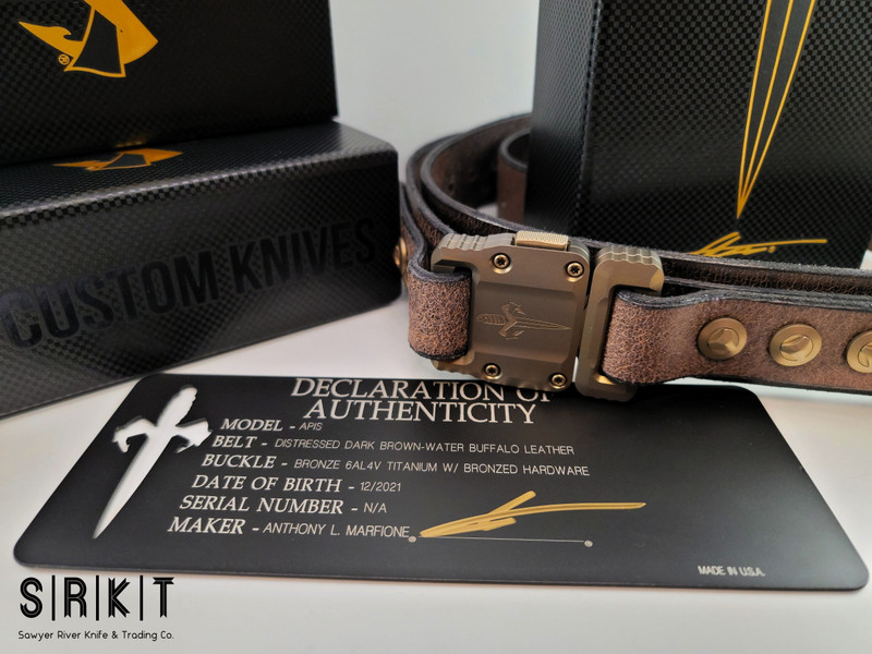 Marfione Custom Knives APIS Leather Belt @ SRKT Dark Brown Water Buffalo  Leather Bronze Titanium Buckle & Hardware