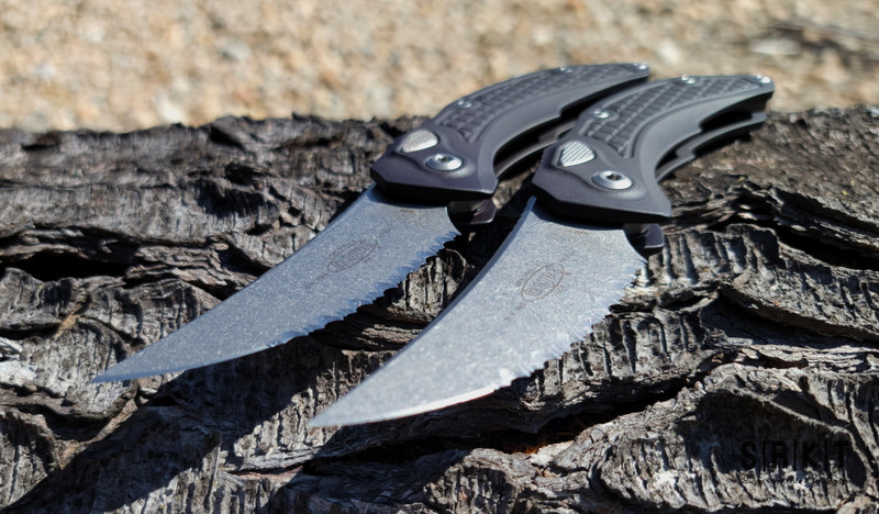 Microtech | Bastinelli Brachial Auto - Stonewash 3/4 Serrated Bohler M390 Persian-Style Trailing Point Blade - Black Textured 6061-T6 Aluminum Handle Scales - Standard Tip-Up Pocket Clip & Hardware - Push Button Automatic w/ No Safety | Made in USA