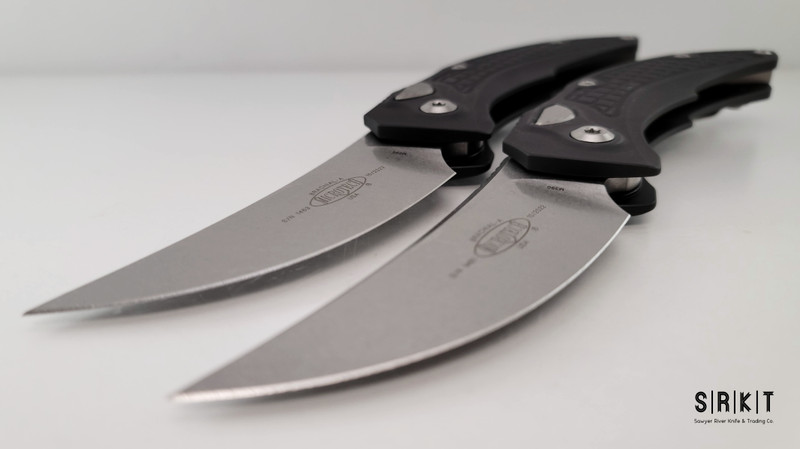 Microtech | Bastinelli Brachial Auto - Stonewash Bohler M390 Persian-Style Trailing Point Blade - Black 6061-T6 Aluminum Handle Scales - Standard Tip-Up Pocket Clip & Hardware - Side-Opening Push Button Automatic w/ No Safety | Made in USA