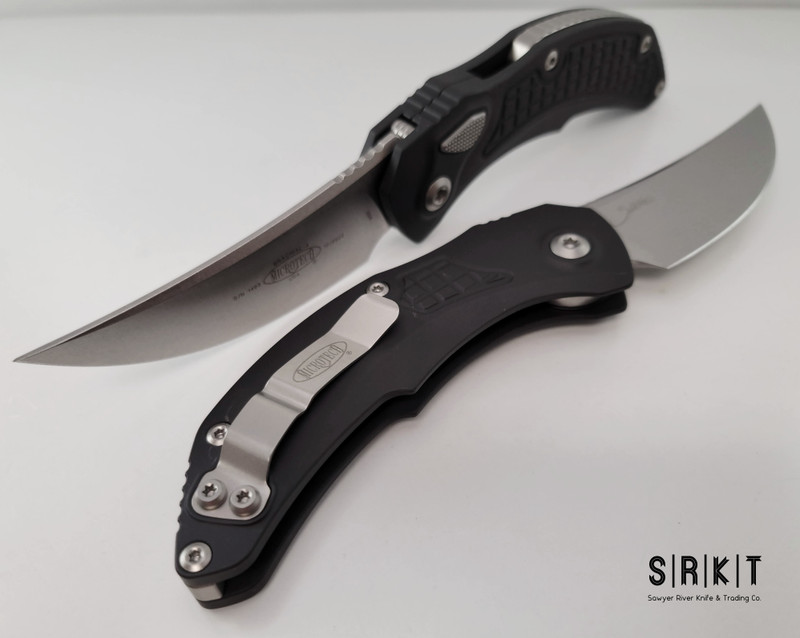 Microtech | Bastinelli Brachial Auto - Stonewash Bohler M390 Persian-Style Trailing Point Blade - Black 6061-T6 Aluminum Handle Scales - Standard Tip-Up Pocket Clip & Hardware - Side-Opening Push Button Automatic w/ No Safety | Made in USA