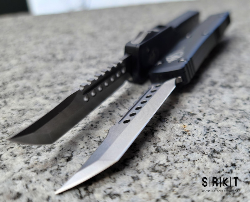 Microtech Hellhound Signature Series UTX-70 T/E OTF Auto 419-10S @ SRKT  Stonewash Hell Hound Tanto Blade Black 6061-T6 Aluminum Handle Chassis  Thumb Slide Double-Action Out the Front Automatic Pocket Knife Made in