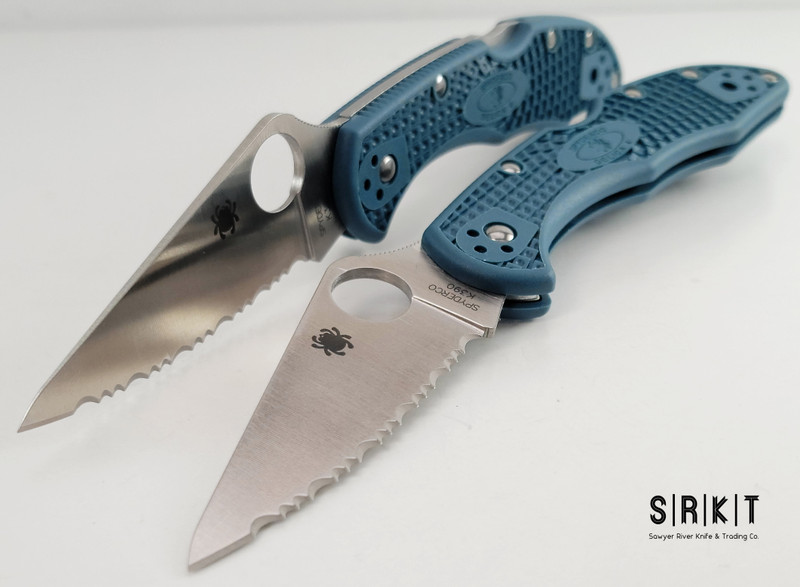 Spyderco Delica 4 Lightweight C11FSK390 - Satin Fully Serrated Bohler K390 Leaf-Shaped Blade & Blue FRN Handle Scales - Black Four-Position Reversible Pocket Clip - 2.9" Blade Lockback Manual w/ Round Thumb Hole | Made in Seki City, Japan
