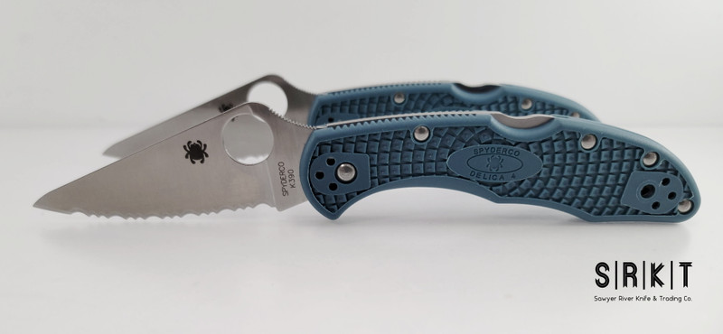 Spyderco Delica 4 Lightweight C11FSK390 - Satin Fully Serrated Bohler K390 Leaf-Shaped Blade & Blue FRN Handle Scales - Black Four-Position Reversible Pocket Clip - 2.9" Blade Lockback Manual w/ Round Thumb Hole | Made in Seki City, Japan