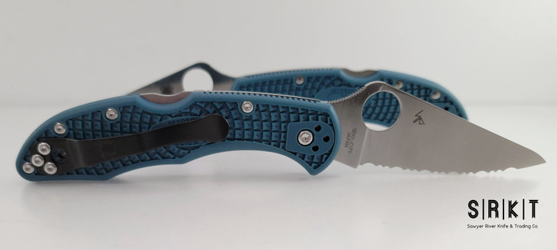 Spyderco Delica 4 Lightweight C11FSK390 - Satin Fully Serrated Bohler K390 Leaf-Shaped Blade & Blue FRN Handle Scales - Black Four-Position Reversible Pocket Clip - 2.9" Blade Lockback Manual w/ Round Thumb Hole | Made in Seki City, Japan