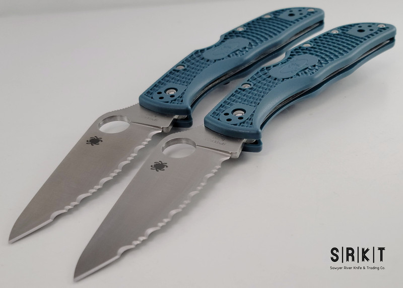 Spyderco Endela Full Serrate C243FSK390 - Satin Bohler K390 Fully Serrated Leaf-Shaped Blade & Blue FRN Handle Scales w/ Black Four-Position Pocket Clip - Lockback Manual w/ 3.4" Blade & Round Thumb Hole | Made in Seki City, Japan