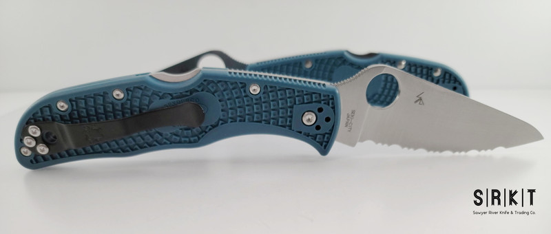 Spyderco Endela Full Serrate C243FSK390 - Satin Bohler K390 Fully Serrated Leaf-Shaped Blade & Blue FRN Handle Scales w/ Black Four-Position Pocket Clip - Lockback Manual w/ 3.4" Blade & Round Thumb Hole | Made in Seki City, Japan