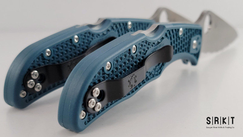 Spyderco Endela Full Serrate C243FSK390 - Satin Bohler K390 Fully Serrated Leaf-Shaped Blade & Blue FRN Handle Scales w/ Black Four-Position Pocket Clip - Lockback Manual w/ 3.4" Blade & Round Thumb Hole | Made in Seki City, Japan