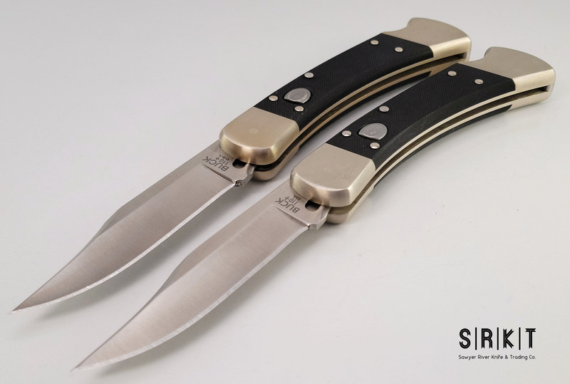 Buck 110 Folding Hunter Auto Elite 0110BKSA - Satin CPM S30V Clip Point Blade & Black G-10 Handle Scales w/ Nickel Silver Bolsters - Black Genuine Leather Sheath - Push Button Lockback Automatic w/ 3.75" Blade | Made in USA