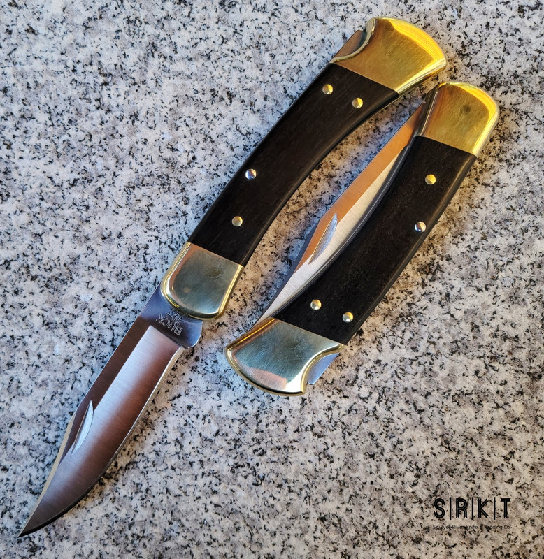 Buck 110 Auto Folding Hunter Classic 420HC Clip Point Blade & Genuine Ebony  Handle w/ Brass Bolsters & Leather Sheath