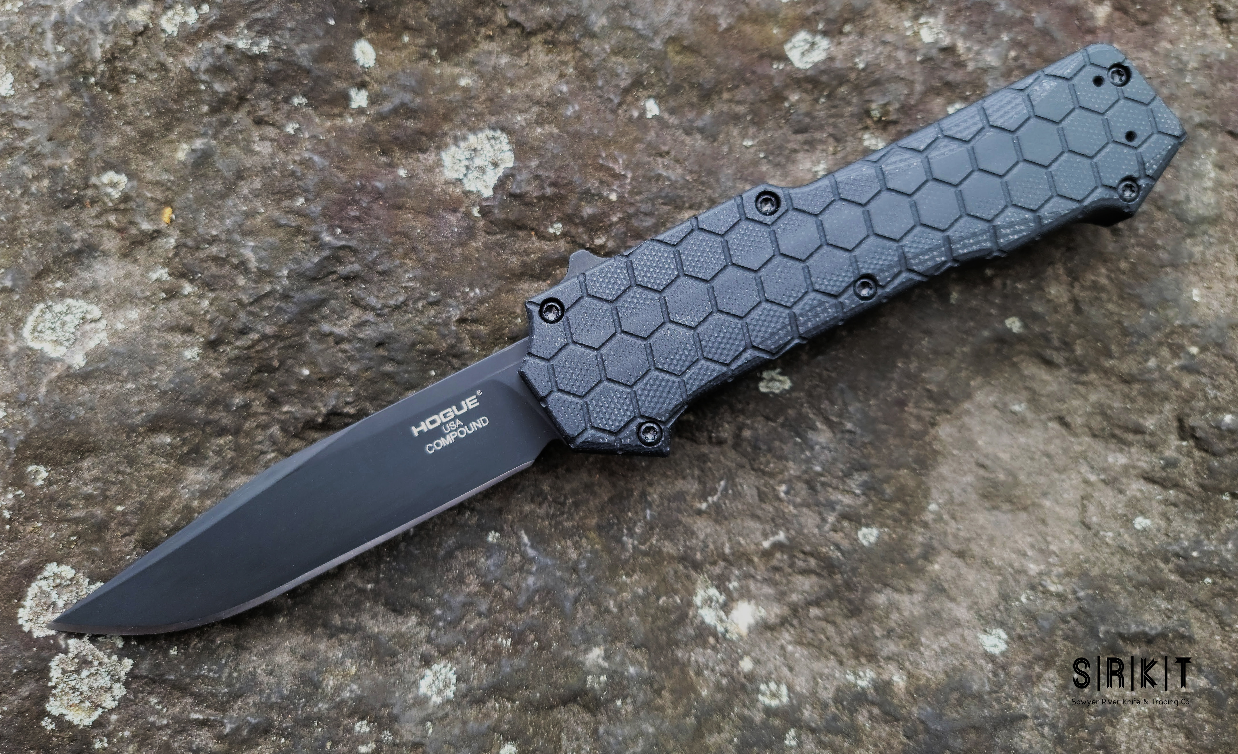 Hogue Knives Compound OTF 34036 @ SRKT Tactical Black CP Blade G-10  Aluminum Handle Out the Front Elishewitz Design