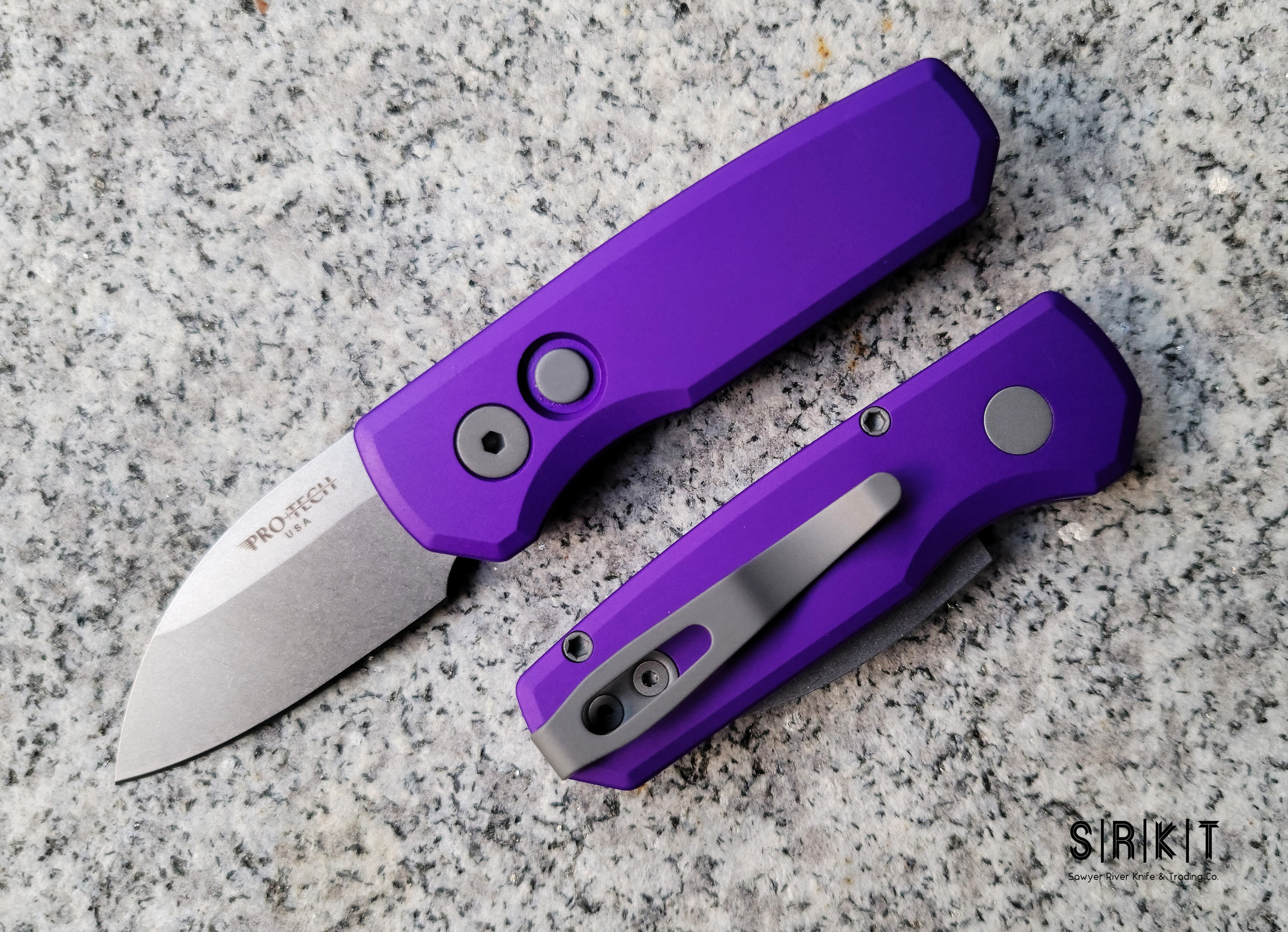 Pro-Tech Knives Runt 5 Auto R5301-PURPLE @ SRKT Stonewash CPM Magnacut  Wharncliffe Blade Purple Anodized 6061-T6 Aluminum Handle Scales Push  Button Button Lock Automatic Folding Pocket Knife Made in California, USA