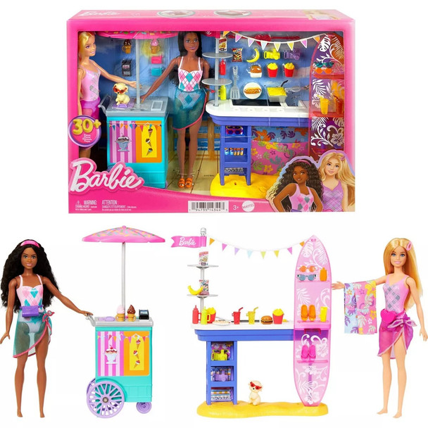 Barbie Beach Boardwalk Playset with Barbie Brooklyn & Malibu Dolls, 2 Stands & 30+ Accessories