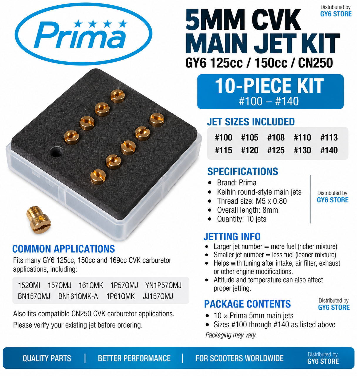 PRIMA CVK MAIN JET KIT (5mm) FOR GY6 150cc - 232cc
