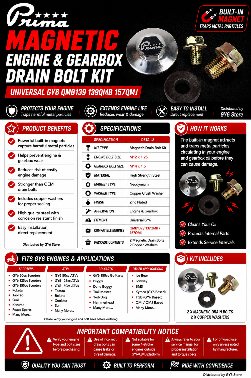 PRIMA MAGNETIC OIL DRAIN KIT FOR (QMB139 & GY6 MOTORS) 