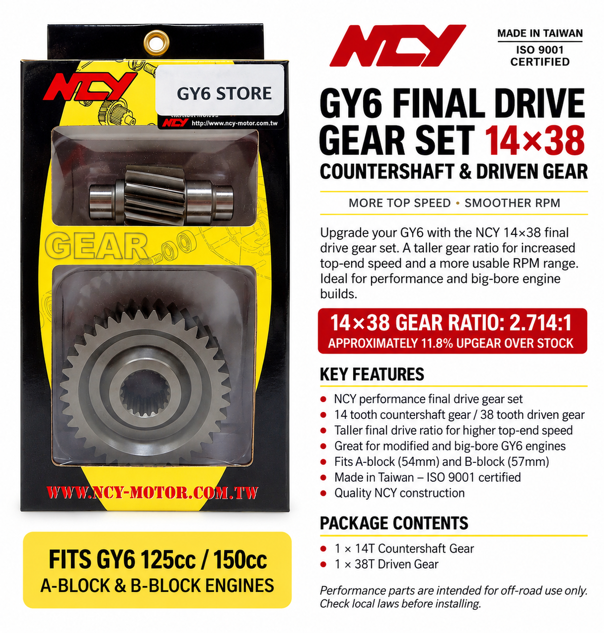 NCY GEAR SET (14*38) DROP IN PRE PRESSED GEAR SET FOR 150cc - 232cc GY6 MOTORS