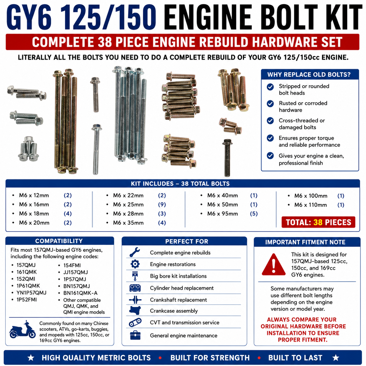 ENGINE BOLT KIT 150cc GY6 SCOOTER KART ATV UTV