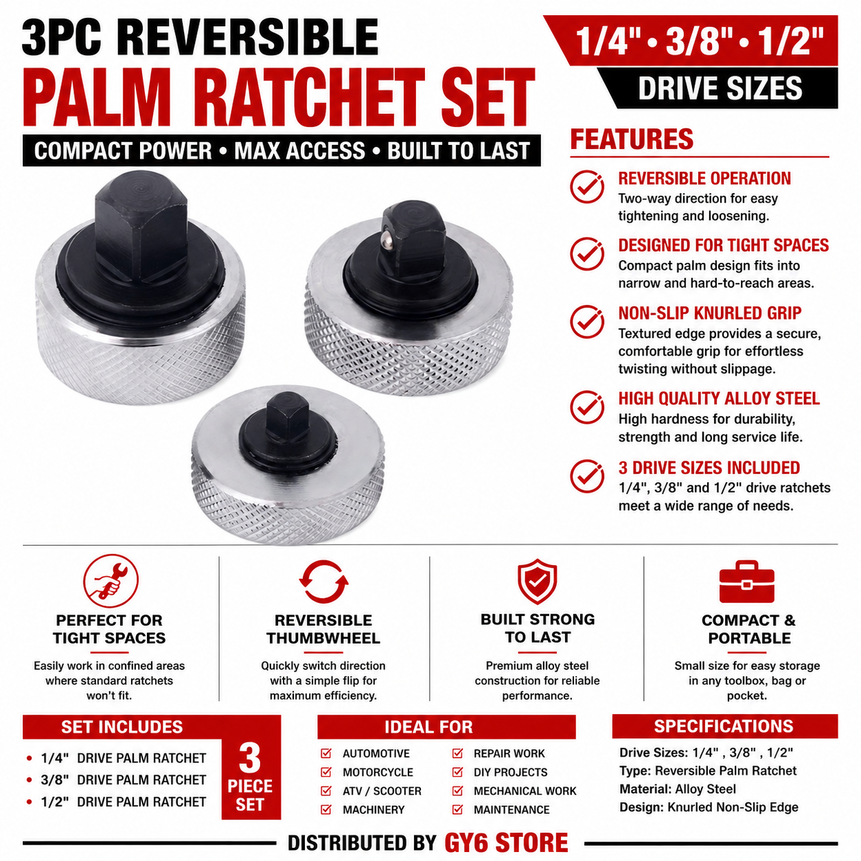 PALM RATCHET SET 1/4” 3/8” 1/2” DRIVE RATCHET SET 3PC REVERSIBLE THUMBWHEEL RATCHET WRENCH SET REVERSIBLE PALM RATCHET WRENCH
