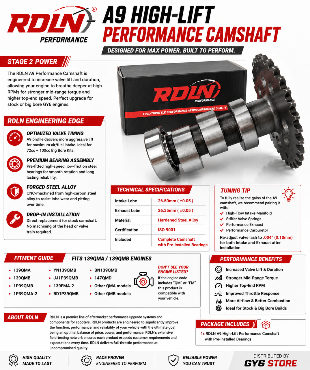 RDLN PERFORMANCE CAMSHAFT *A9* FOR 50cc - 100cc QMB139 ENGINES