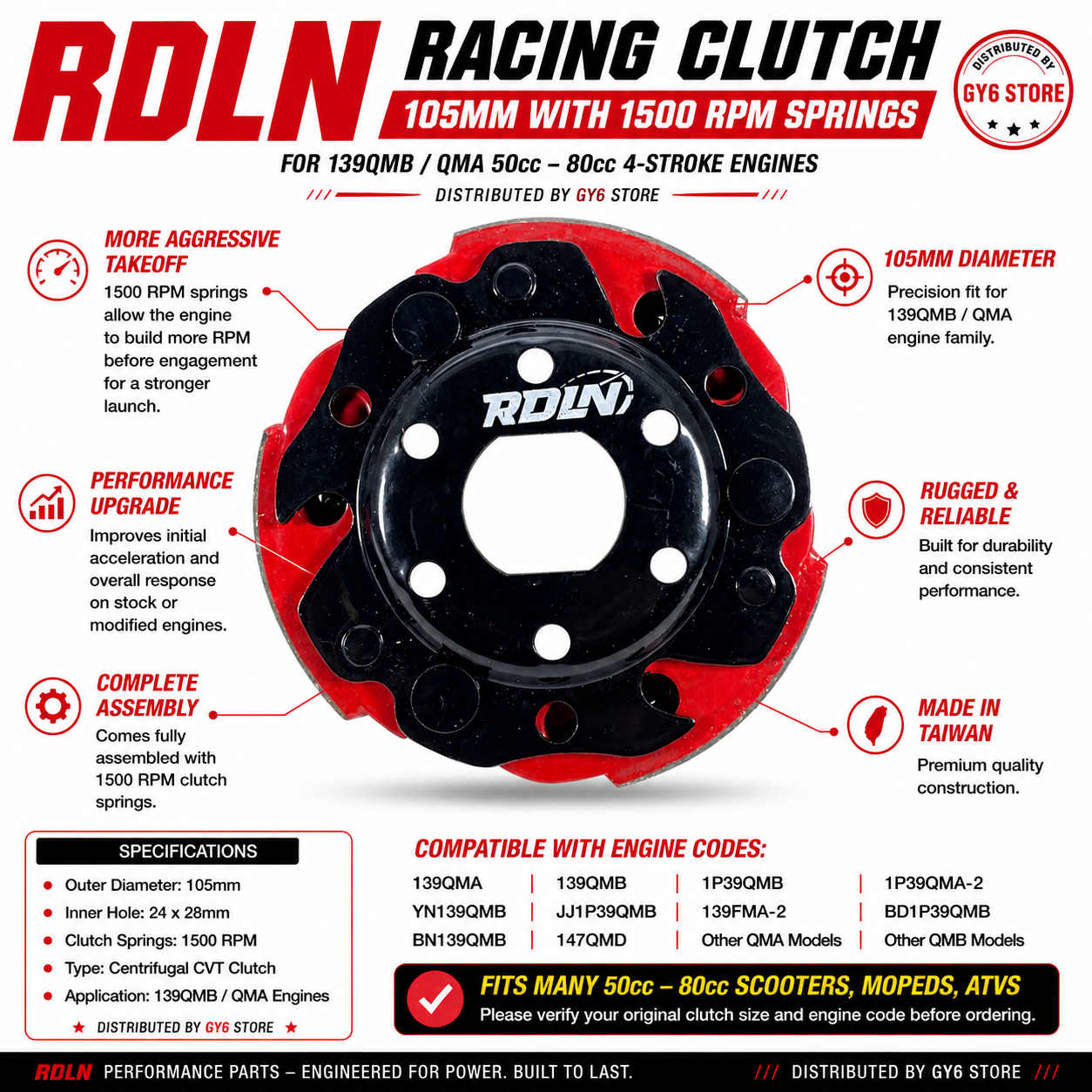 RDLN 105mm Racing Clutch 1500RPM GY6 50cc 80cc 139QMB QMA Scooter ATV