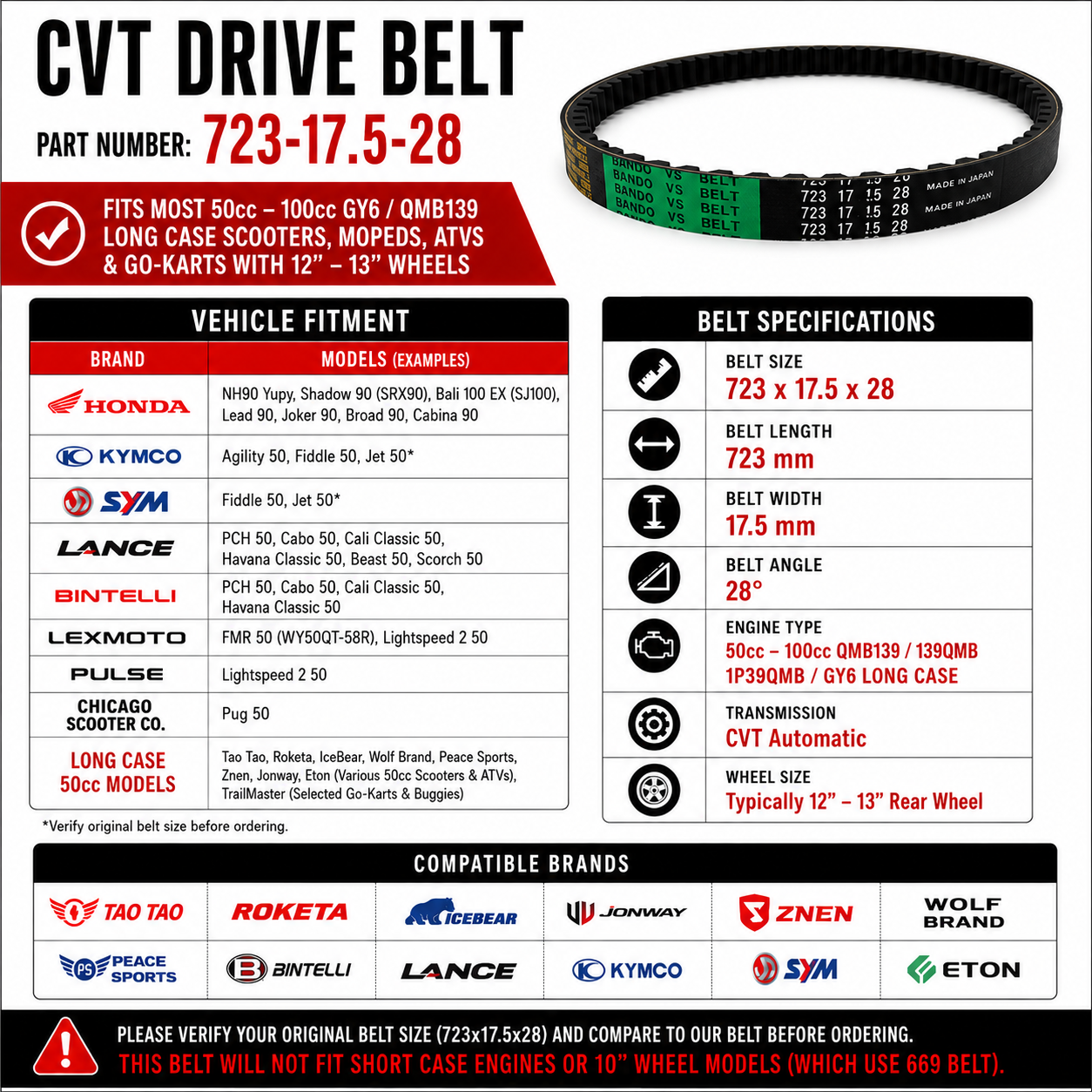 BANDO CVT DRIVE BELT 729-18-30 FOR SCOOTERS WITH 50cc *LONG CASE* MOTORS